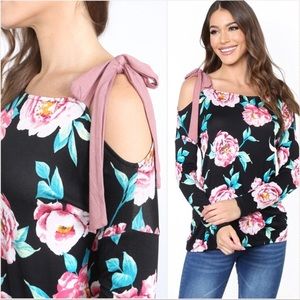 New USA MADE black floral tie shoulder longsleeve women Spring Summer top